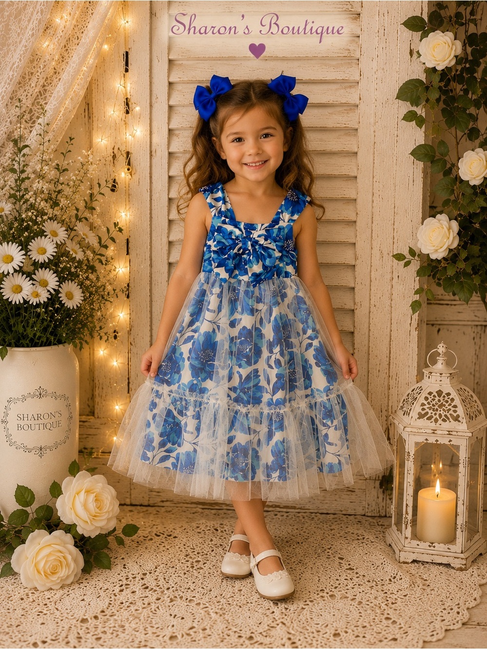 Girls Blue White Floral Tulle Dress Size 5 + 2 Hair Bows EUC
